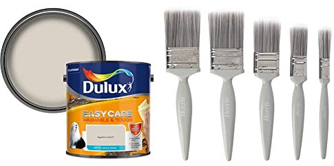 Dulux 403201 Easycare Washable & Tough Matt Emulsion Paint For Walls And Ceilings - Egyptian Cotton 2. 5 Litres and Harris Essentials Walls & Ceilings Paint Brush Set | Pack of 5 | 0.5, 1, 1.5, 2