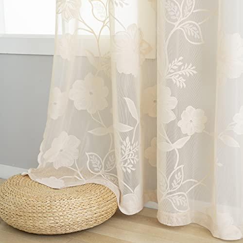 Semi-Sheer Beige Lace Curtains for Bedroom 90 inch Long Country Chic Rose Floral Embroidered Sheer Curtain Panels for Living-Room Leaf Window Drapes with Scalloped Edge 52w 1 Pair Pencil Pleat