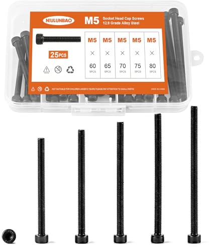 NIULUNBAO M5 x 60mm 65mm 70mm 75mm 80mm Hex Socket Head Cap Screws Bolts, 12.9 Grade Alloy Steel, Black Oxide Finish, Allen Socket Drive, Metric Machine Fully Threaded, Assortment Kit 25PCS