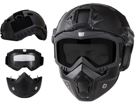 Airsoft Helmet and Full Face Mask, Detachable Airsoft Goggles,Paintball PJ Fast Helmet with Front NVG Mount and Side Rail