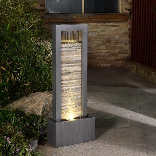 Zen Garden Metal Fountain with Stone Brick Accent - Tranquil Harmony