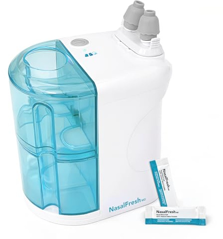 NASALFRESH MD - Sistema de riego nasal de doble potencia, enjuague y lavado nasal, sistema de alivio de descongestionantes sinusales con 30 paquetes de solución salina, recargable, 2 juegos de