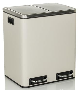 hjh OFFICE Poubelle 2x15L Clean IX Système de tri des déchets avec 2 Compartiments, Poubelle à pédale avec Softclose, Métal Beige
