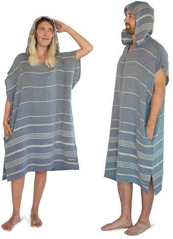 LeStoff Poncho surf - 50% Cotone bio, 50% Canapa, Prelavato, Assorbente, Asciugatura Rapida, Leggero, Poncho mare, Poncho accappatoio con cappuccio e tasche, per uomini e donne, blu (Jeans, L/XL)