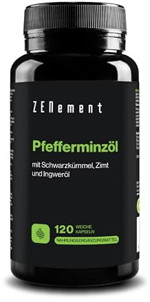 Olio Essenziale di Menta Piperita con Olio di Cumino Nero, Cannella e Zenzero - 120 Capsule Softgel, Formula Sinergica con 500mg, Salute Digestiva, 40% Mentolo, 20% Mentone, 100% Naturale - Zenement