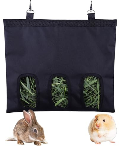 Bolsa de almacenamiento para conejos, cobayas, heno de alimentación automática lavable, práctico dispensador de comedero de animales pequeños para conejo, chinchilla, hámster (3 ventanas)
