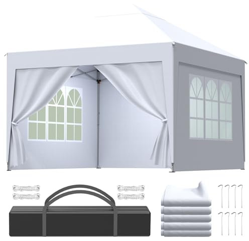 Tonnelle de Jardin Pliable de 3-Hauteur Réglable, Tente Pliable Imperméable avec 3 Parois Latérales, Pavillon Protection UV 50+, Tente de Jardin-Fête-Plage-Camping-Marché, Tonnelle Pop-up 3x3, Blanc