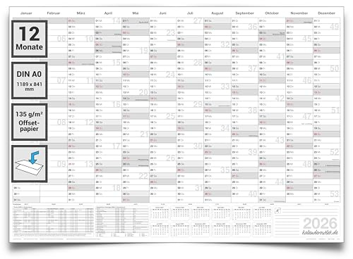 Year Planner 2026 XXL Wall Calendar DIN A0 - 12 Months at a Glance, Grey 84 x 118 cm, Large Wall Planner Folded, Annual Calendar on 135 g Paper in German Language - Kalenderoutlet