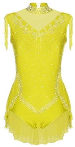 Yruioon Body da ginnastica per ragazze, senza maniche, con paillettes, con frange, da pattinaggio artistico, per competizione e danza, Giallo fluorescente., 134-140 cm