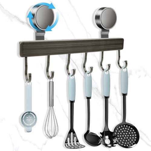 Feirdhoo 30CM Support Ustensiles Cuisine Sans Percer, 20KG de Charge Barre Pour Accrocher Les Ustensiles de Cuisine, 6 Crochets Mobiles, Ventouse Barre à Crochets Amovible - Alliage Aluminium