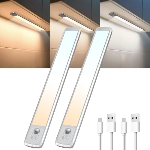 TANSOOL+ Luz LED Armario con Sensor de Movimiento, 3 Modos de Color, 2200mAh USB-C Recargable Luces LED, Lampara Luces sin Cables Interior para Armario, Escalera, Cocina (30cm, 2 Piezas)