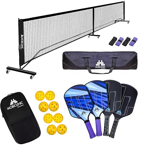 Mobiclinic®, Set de Pickleball, Palas de Fibra Vidrio, Pelotas Interior y Exterior, Bolsa Transporte, Núcleo de Polipropileno de Panal, Grip Antideslizante (4 Palas + 8 Pelotas + Red)