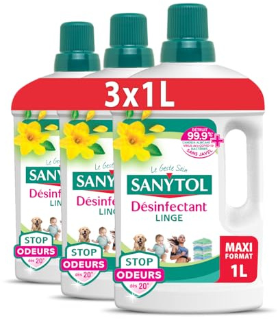 Sanytol - Désinfectant Linge Stop Odeurs - Parfum Envolée de Printemps - 1L - Lot de 3 - Bactéricide, Virucide - Sans Javel - Préserve Fibres et Couleurs à Toutes Températures