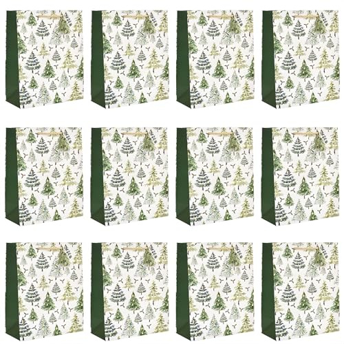 Lote de 12 Bolsas de Regalo Navideñas con Estampado Dorado - Papel Kraft Premium con Motivos Navideños (Árbol Verde) y Asas - Embalaje Festivo para Regalos de Invitados y Detalles
