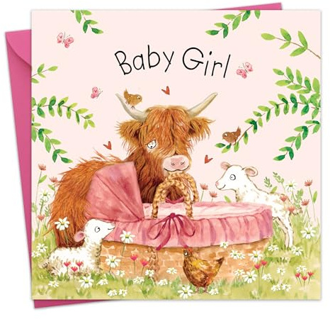 Twizler Carte pour bébé fille – Vache des Highlands – Carte de naissance pour nouveau-né – Pour future maman – Papa futur