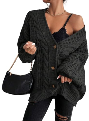 BUhuiBabubu Cardigans for Women UK - Womens Oversized Chunky Open Front Cardigan Sweaters Autumn Winter Cable Knit Long Sleeve Button Down Cardigans Outwear Coats Ladies Gifts,Black,M,u784k