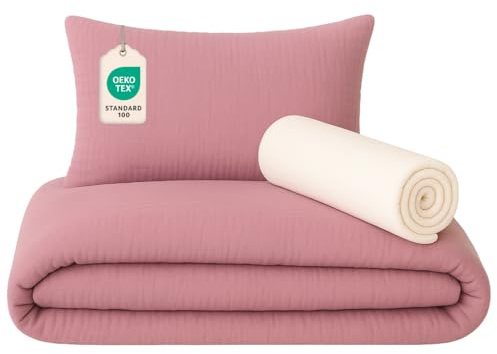 Lovely Hippo Lenzuolo con angoli 80 x 160 cm + copripiumino (100% mussola cotone) 120 x 170 cm + federa per cuscino (100% mussola cotone) 40 x 60 cm – Set 3 pezzi 80 x 160 cm