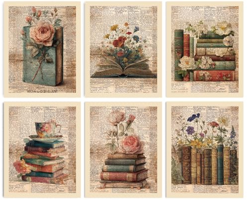 INFUNLY 6 Set Vintage Book Flower Wall Art Print 8x10Inch Retro Floral Poster Pictures Text Background Canvas Wall Art Unframed Academia Aesthetic Pictures Prints for Bedroom Office Study Room Decor
