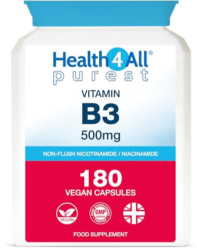 Vitamin B3 Niacin as Nicotinamide (Niacinamide) 500mg 180 Capsules, Purest, No Additives, Vegan, Gluten Free No-Flush Supplement VitB3 Capsules | Made in UK by Health4All