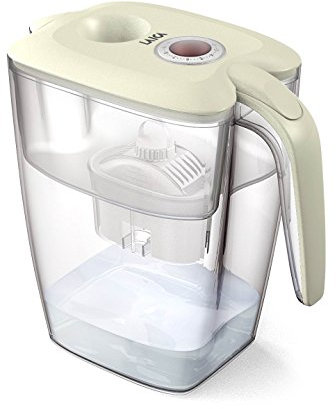 Jarra para filtrar el agua del grifo y mejorar su sabor- Laica J81-EB BIG Roma tapa beige y timer burdeos, capacidad 3,7 litros, incluye 1 filtro bi-flux que reduce la cal y el cloro y dura 150 litros o 1 mes.