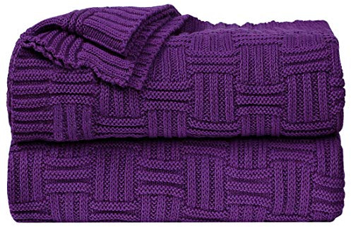 Sourcing Map Manta de punto trenzado 100% algodón, manta suave y ligera, manta de sofá texturizada, funda de sofá, mantas de punto decorativas, morado, 47 x 70 pulgadas