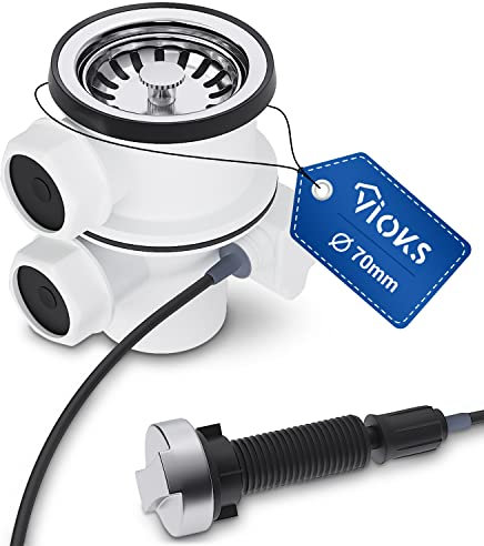 Desagüe de fregadero con colador, válvula excéntrica, 70 mm, 1 1/2 pulgadas, con cierre excéntrico giratorio mediante cable Bowden + dos salidas laterales de 25 mm para rebosadero y lavadora/lavadora