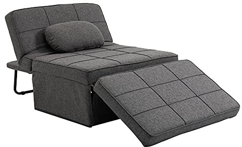 HOMCOM Chauffeuse 1 Place 4 en 1 Fauteuil lit Convertible Pouf Dossier inclinable 5 Niveaux Repose-Pied Rabattable, Charge 200 Kg, châssis métal et Tissu Lin Gris