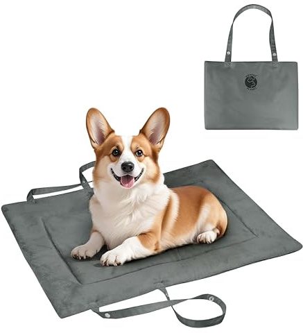Pawsee Waterproof Portable Dog Settle Mat, 80 x 60 CM Foldable Dog Travel Mat, Washable Camping Dog Bed for Car Boot, Small Roll Up Pet Mat, Grey
