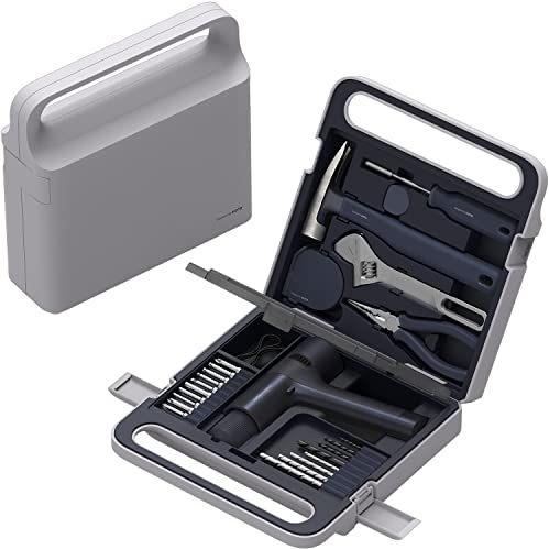 HOTO Brushless Drill Tool Kit, 12V Cordless Power Drill Tool Kit with LED Display, Includes Drill/10 Bits & 8 Drill Bits/Tape Measure/Plier/Spanner/Hammer/Screwdriver, Hidden Buckle Design