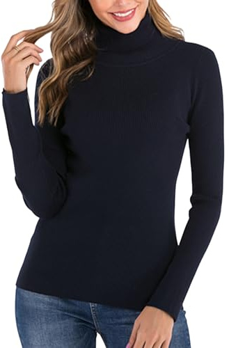 Yukiuiny Pull Femme Col Roulé Tricot Hiver Chaud Thermal Ajusté Moderne Serré Col Montant sous-Pull Basique Pullover Laine Top Haut Manches Longues Vintage Chic Confortable Bleu Marine B XL