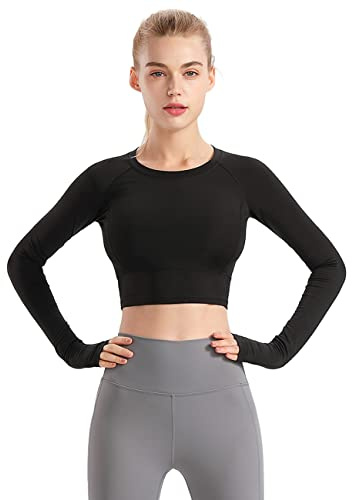 Hanyomo Femmes Fitness sans Soudure Manches Longues Haut de la Page Formation Yoga Gymnase Courir Trou du Pouce Chemise Noir M