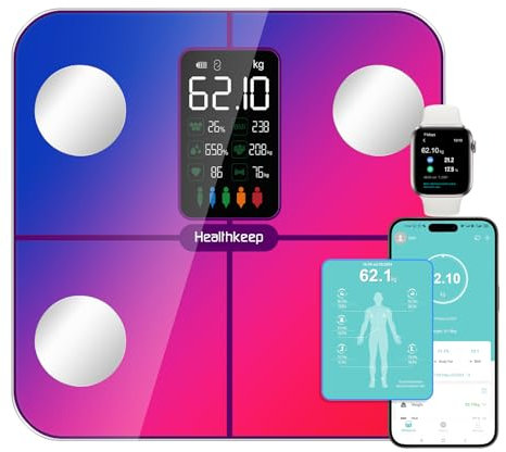 Körperfettwaage Personenwaage Digital Waage mit Körperfett und Muskelmasse für 15 Körperdaten Herzfrequenz-Messgerät Waage für Apple und Android,Regenbogen