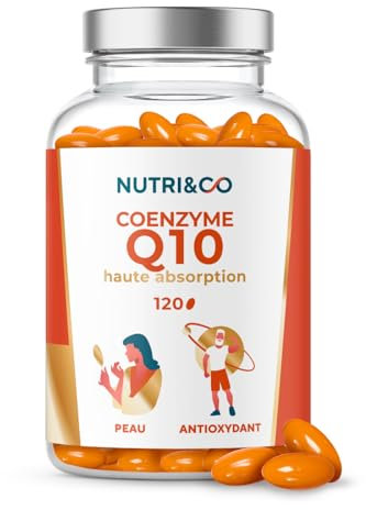 NUTRI & CO Coenzyme Q10 - Ubiquinone 200mg - CoQ10 + Vitamine C - Complément Alimentaire Peau Anti-Age & Anti-Rides - Santé Cardiovasculaire - 120 capsules Haute Absorption - Conditionné en France