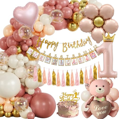 Decorazioni Compleanno Bimba 12 Mesi Palloncini e Ghirlanda Anno Primo Retrò Rosa - Addobbi Festa Bambina