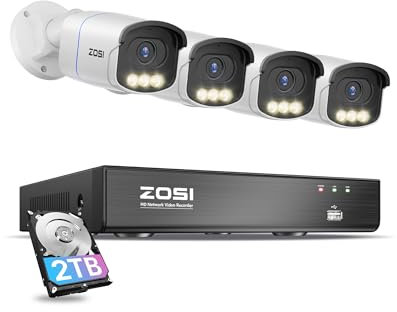 ZOSI 4K AuroraLux Kit Caméra de Surveillance PoE, Détection de Personne/Véhicule, Vision Nocturne Vraie Couleur, Audio Bidirectionnel, 8MP Caméra IP Extérieure + 8CH 4K NVR 2To Enregistrement 24/7