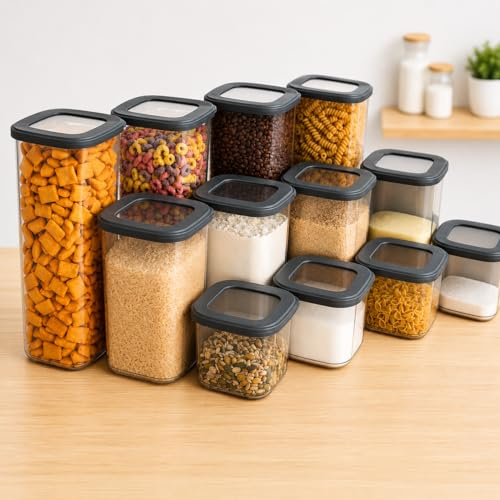 Vorratsdosen mit Deckel luftdicht diverse Sets Küchenorganizer Aufbewahrungsbox BPA frei stapelbare Vorratsbehälter für sämtliche Lebensmittel wie Zucker Mehl und Müsli (4x 1750ml & 1x HLKauf-Block)