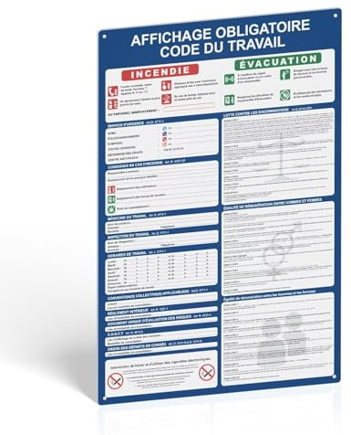 Panneau Code du Travail 2025 - Affichage Obligatoire - 600 x 400mm - Plastique PVC Rigide 1mm avec Film Brillant Réinscriptible - 4 Trous Pré-percés et Pastilles Adhésives