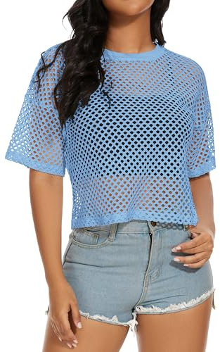 florynova Womens Fishnet Mesh Tops Summer See Through T Shirt Short Sleeve Sheer Blouse(Light Blue,L)