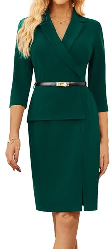 GRACE KARIN Elegante vestido de oficina para mujer, manga 3/4, cuello en V, bodycon vestido de negocios, vestido de cóctel, verde oscuro, L