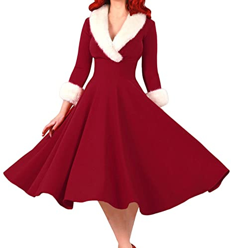 Robe De Noel Femme Robe Noel Femme Hiver Vintage Années 50 Pin Up Femme Chic Elegante Robe de Noël avec Coutures en Fourrure Col en V Noël Femmes épaule Imprimer Vintage Robe De Soirée Robe évasée