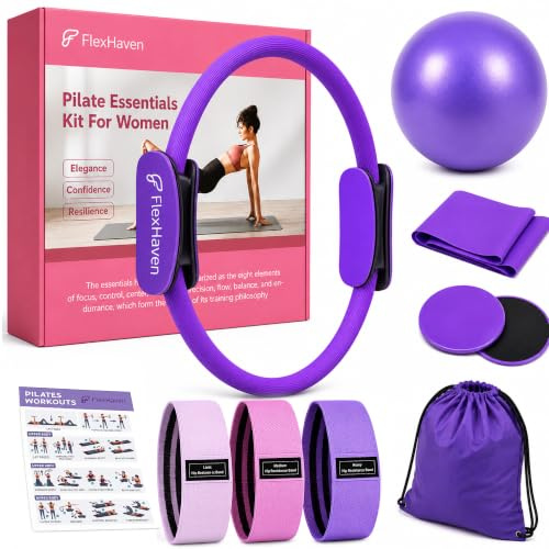 FlexHaven 7-Piece Pilates Ring Set – 14 Magic Circle, Padded Handles, 9 Mini Ball, 3 Resistance Bands, Flex Band, Core Sliders & Bag | Pilates Kit for Women | Home Workout, Strength & Flexibility