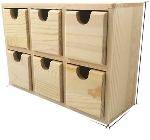 ComfyHarbor Pequeña caja de almacenamiento de madera con 6 cajones y tapa deslizante, organizador de escritorio para oficina en casa, acabado de madera natural, compacta 21 x 7,5 x 14,5 cm