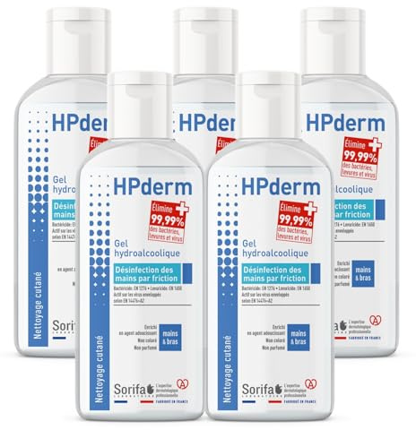 Lot de 5 HPderm Gel hydroalcoolique pour la désinfection des mains - Flacon 100 ml