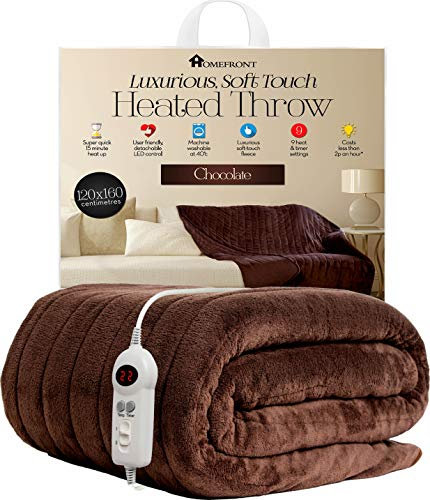 Homefront Electric Heated Throw Over Blanket, Brown, Digital Control, Machine Washable, Ultra Soft, Cosy Finish (Brown, 120 X 160cm)