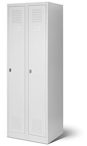 Jan Nowak Spind Schrank, Kleiderschrank, Metallschrank, Schließfachschrank | 2 Abteile mit Kleiderstange, Lüftungsschlitze, Trennwände, 4 Kleiderhaken pro Abteil | 180 cm x 60 cm x 50 cm, Grau