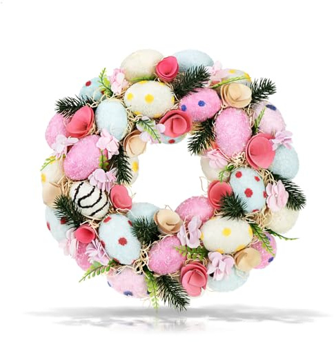 COM-FOUR® Corona de Pascua con Coloridos Huevos de Pascua, Corona de Mesa Decorativa, se Puede Utilizar como Corona de Puerta, Elegante decoración de Pascua