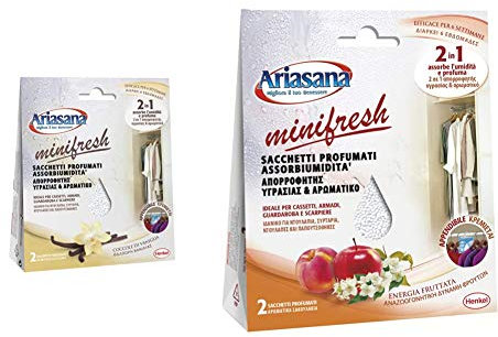 Ariasana Minifresh Coccole Di Vaniglia Sacchetti Profumati 2In1, Doppia Azione Assorbiumidità & Minifresh Energia Fruttata Sacchetti Profumati 2In1, Doppia Azione Assorbiumidità E Antiodore