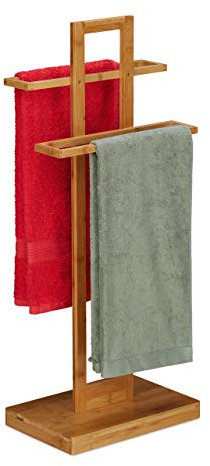 Relaxdays Handtuchhalter stehend, Badetuchhalter Bambus, 2-armig, Bad Handtuchständer, HxBxT: 88 x 35,5 x 23,5 cm, Natur, Braun