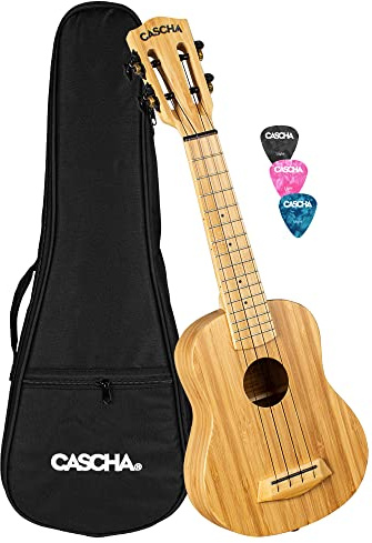 Cascha Bamboo Natural Sopran Ukulele Erwachsene & Kinder - inkl.3 Plektren & gepolsterte Tasche - Bambus-Ukulele für Anfänger oder Fortgeschrittene - hochwertige Carbon-Saiten - Top Qualität