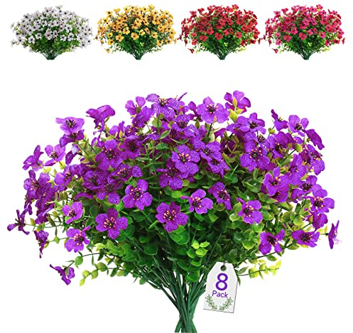 SOMYTING 8 Piezas Flores Artificiales Flor Falsa Decorativas Exterior Resistentes a los rayos UV no se Decoloran Plantas Artificiales Verdes Jardines Porches Ventanas Arbustos Decorativo (Morado)